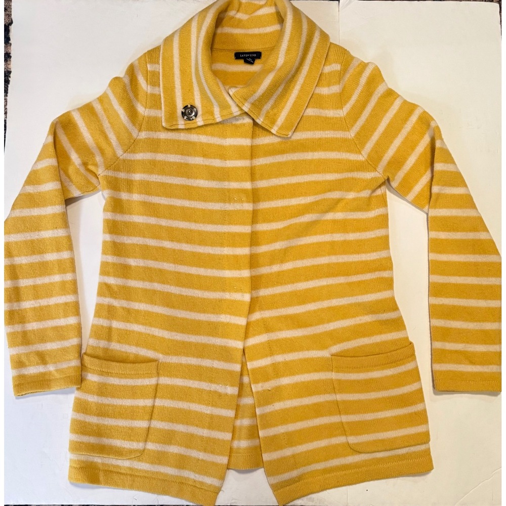 Lands End Yellow Cream Striped Lambswool Cardigan Sweater M 10-12 Shawl Collar